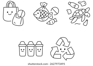 An Illustration of reusable bag, fish, turtle, and recycling symbol representing clean world and environment on bright day