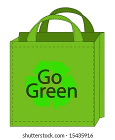 illustration of a reusable shopping bag with go green on the front of the bag