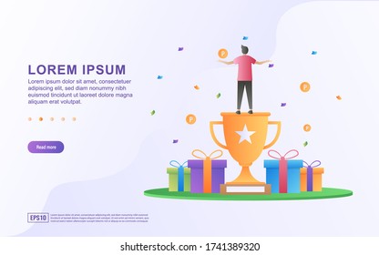 Illustration of reward programs and online stores with gift box and trophy icons