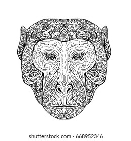 Illustration of a Rhesus Macaque Head viewed from Front done in hand sketch drawing Mandala style.