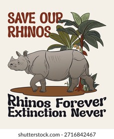 Ilustración de un rinoceronte con mensajes de conservación que enfatizan la protección de la vida silvestre y la prevención de la extinción. Ideal para campañas educativas y de sensibilización.