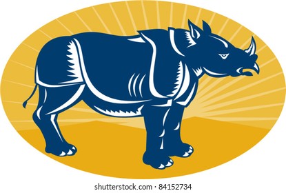 illustration of a rhinoceros facing side view done in woodcut style set inside an ellipse with sunburst in background