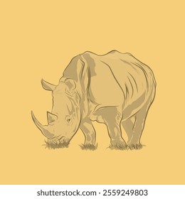 illustration of a rhinoceros grazing on a yellow background