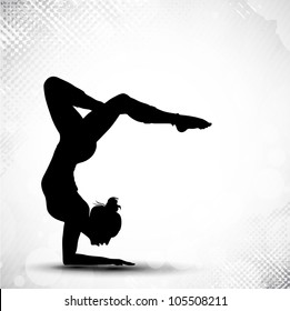 Illustration of rhythmic gymnastic girl on grungy abstract background in grey color. EPS10.