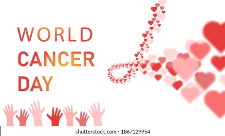 illustration of ribbon background with flying objects of love and hands, background design of international day, world day of respect, commemorating world cancer day concept, graphic design