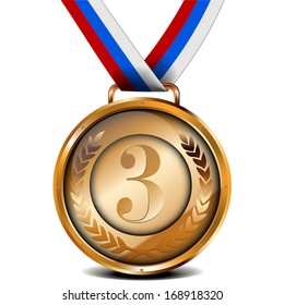 illustration of a ribboned bronze medal with laurel wreath and number, eps10