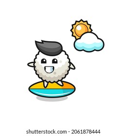 Illustration of rice ball cartoon do surfing on the beach , cute style design for t shirt, sticker, logo element