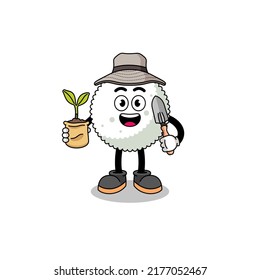 Illustration of rice ball cartoon holding a plant seed , character design
