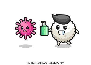 illustration of rice ball character chasing evil virus with hand sanitizer , cute style design for t shirt, sticker, logo element