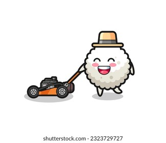 illustration of the rice ball character using lawn mower , cute style design for t shirt, sticker, logo element