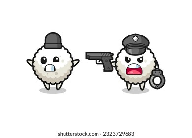 ilustración del ladrón de bola de arroz con las manos arriba pose pillada por la policía, diseño de estilo lindo para camiseta, pegatina, elemento logo