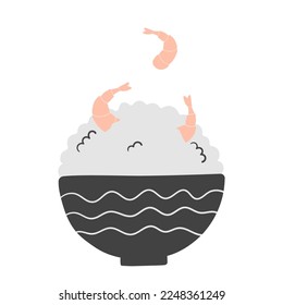 Illustration of rice bowl with shrimps. Vector illustration isolated on white background. Asian food in flat doodle style