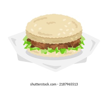 Illustration of a rice burger with grilled meat and lettuce.