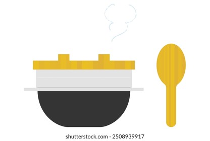 Illustration of rice cooked in a kettle with a feather kettle, a rice scoop, and steam, Vector Illustration