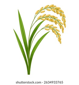 Illustration of rice ear with green leaves, isolated on a white background.