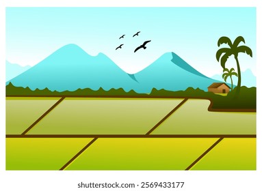 Illustration of rice field and mountain scenery in bright daylight, complete with coconut trees, flying birds, huts, suitable for background, poster, wall decoration and cover.