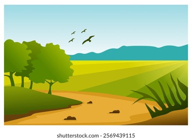 Illustration of rice field and mountain scenery under a bright blue sky, complete with trees, flying birds and dirt road. Suitable for background, poster, wall decoration, screen wallpaper and cover.