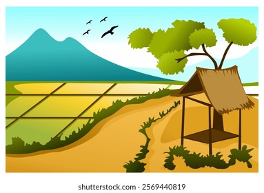 Illustration of rice field and mountain scenery in the background, complete with huts, trees, flying birds and dirt roads. Suitable for background, poster, wall hanging, front screen and cover.