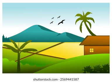 Illustration of rice field and mountain scenery in the background, complete with hut, coconut tree, banana tree and flying bird. Suitable for background, poster, wall decoration, front screen and cove