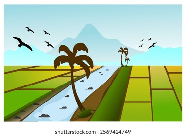 illustration of a rice field and river scenery in the middle with a mountain background, complete with flying birds and coconut trees decorating the scenery during the day.