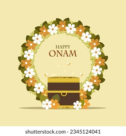 Illustration of rice and floral arrangements of Onam festival. Onam is the popular festival in Kerala, India