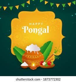 Illustration Of Rice Mud Pot With Fruits, Banana Leaves, Sugarcane, Lit Oil Lamp On Yellow And Green Background For Happy Pongal.