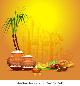 Illustration of rice mud pot with sugarcane, fruit, illuminated oil lamp (Diya) and Indian sweet (Laddu) on yellow temple background for Happy Pongal celebration.