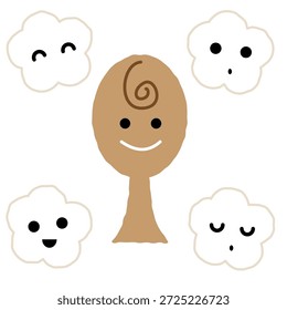 An illustration of a rice paddle and expressive rice.