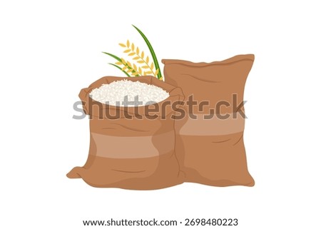 Illustration of Rice Sacks. Two burlap sacks filled with rice grains, symbolizing agriculture, basic food supply, commodity trading, and farming harvest