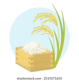 Illustration of rice in a square wooden box and rice plants