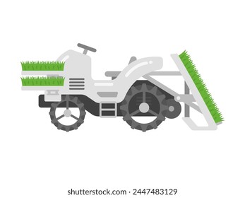 Illustration of a rice transplanter loaded with seedlings.