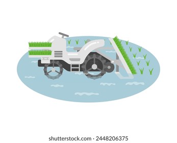Illustration of a rice transplanter planting seedlings.