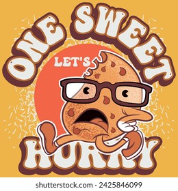 illustration of rich chocolate cookie with glasses to give it a scholarly or nerdy impression texture of cookie dough and text "One Sweet Cookie let's Hurry" cake pattern set.