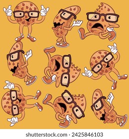 illustration of rich chocolate cookie with glasses to give it a scholarly or nerdy impression texture of cookie dough and text "Cool Cookies " cake pattern set.