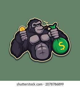 Illustration of a rich Gorilla with crypto currency and money bag