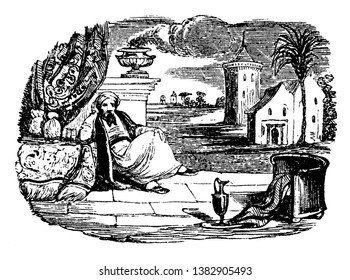 An Illustration Of A Rich Guy Leaning On Expensive Pillows And Linens. He Is Dressed In Expensive Robes. The Chair And Pitcher Is Seen Nearby And The Incense Is Burning In The Larger Vase, Vintage