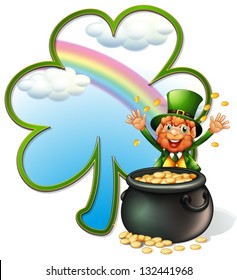 Illustration of a rich man with a pot of gold coins on a white background