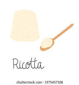 Illustration of ricotta cheese with hand-written inscription. Cheese and a spoon. Flat pretty design for menu, restaurant, shop.