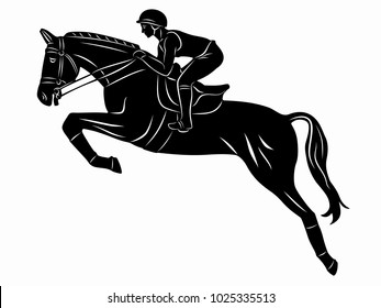 illustration of rider on horseback, black and white drawing, white background