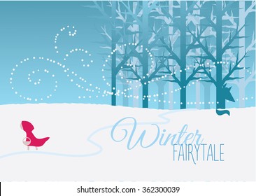 Illustration with riding hood,wood and snow.  Winter background