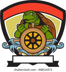 Illustration of a ridley turtle at the helm sterring wheel viewed from front set inside crest shield done in retro style. 
