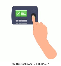 Illustration of the right hand touching a fingerprint attendance machine. Index finger, employee, login, logout, success, fingerprint sensor. Vector