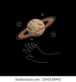 Illustration of a ringed planet with stars, a hand reaching towards it. Black background, minimalist design, clean aesthetic.