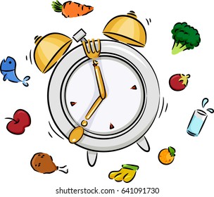 Illustration of a Ringing Alarm Clock Signalling Time to Eat Seven O'Clock Dinner