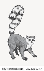 Illustration of a ring-tailed lemur with a striped tail. The lemur stands on four legs. Sketch style highlights the lemur's unique features and striped tail. Animal illustration vector.