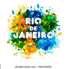 Ilustração do Rio de Janeiro do Brasil férias em manchas de aquarela, cores da bandeira brasileira, Carnaval do Brasil, tintas aquarela. Verão, cor de tinta desenhada à mão. Texto de estilo de papel.