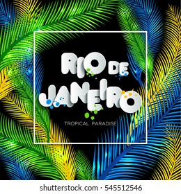 Illustration of Rio de Janeiro from Brazil vacation on  color background, colors of the Brazilian flag, Brazil Carnival. Summer. Text of paper style.