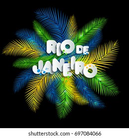 Illustration of Rio de Janeiro from Brazil vacation on color background, colors of the Brazilian flag, Brazil Carnival. Summer. Text of paper style.