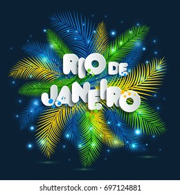 Illustration of Rio de Janeiro from Brazil vacation on  color background, colors of the Brazilian flag, Brazil Carnival. Summer. Text of paper style.