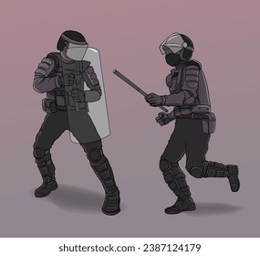 illustration of riot police, crowd control